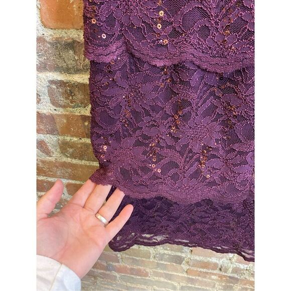 BLU SAGE Eggplant Purple Sequin Lace Layered Formal Cocktail Dress Shirt Sleeve - Picture 3 of 13